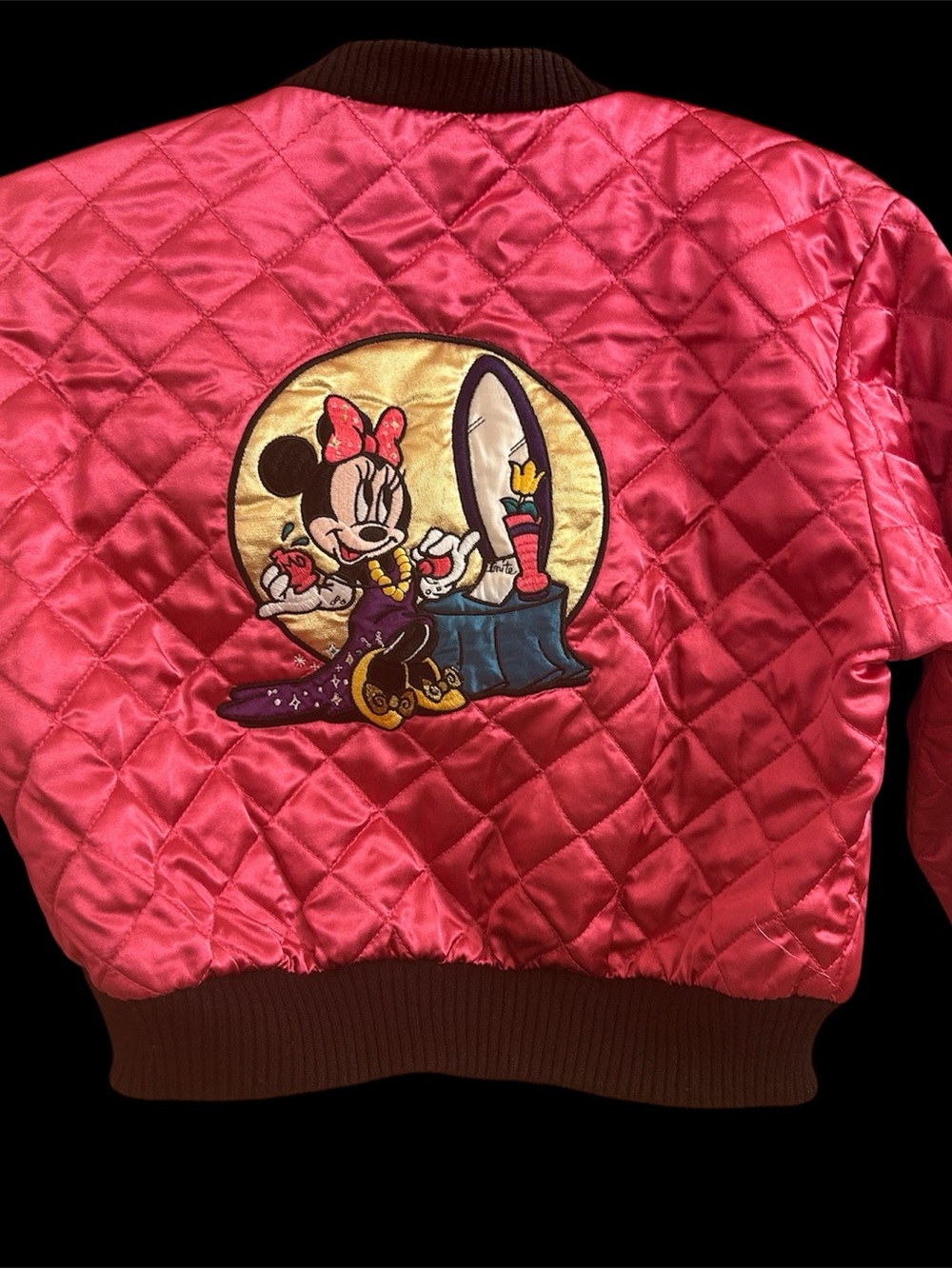 Vintage Disney Store Minnie Mouse Quilted Satin Bomber Jacket Pink Embroidered